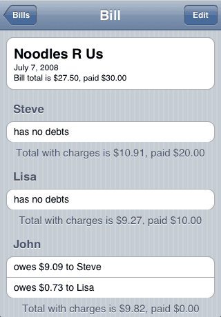 DutchTab's bill for Noodles R Us: Steve and Lisa have no debts, John owes $9.09 to Steve and $0.73 to Lisa.